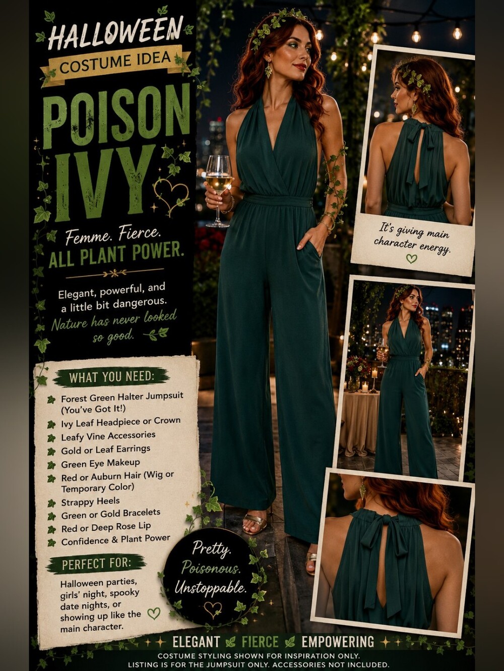 NWT Leith Forest Green Halter Jumpsuit Tie Back Wide Leg Wedding Guest Size M